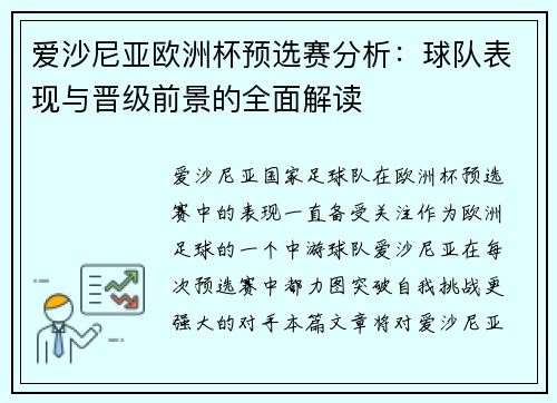 爱沙尼亚欧洲杯预选赛分析：球队表现与晋级前景的全面解读